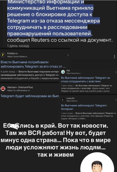 Евгения Ромашов возмущён тем, что власти Вьетнама заблокировали Телеграм
